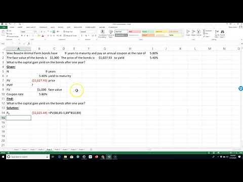 Calculating a Bond's Capital Gain Yield after 1 Year using Excel.