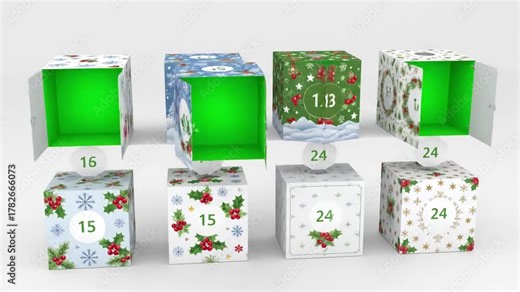 Advent Calendar Countdown Animation with christmas 3d box reveals numbered 13 24 twelve illustrated motion graphics animate open to reveal chroma green screen distortion, overlay, glitch, static
