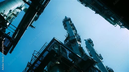 Industrial oil refinery complex featuring multiple distillation columns and pipeline structures, symbolizing energy production and manufacturing processes under a clear blue sky