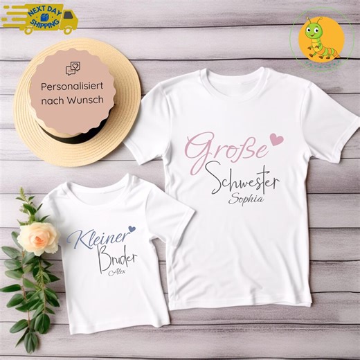 Geschwister T-Shirt Set – Große Schwester & Kleiner Bruder – personalisierte Shirts mit Name – Geschenk für Geschwisterkinder - Etsy.de