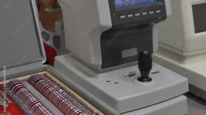 Female patient closeup eye on a eye examination modern autorefractor computer-controlled machine. Medical attendance at the optometry clinic with glasses in background