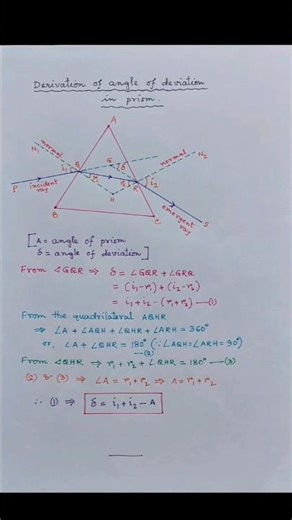 Derivation of angle of deviation in prism || prism formula derivation