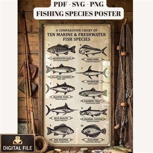 Vintage Fish Chart Svg | Fishing Species Poster | Marine & Freshwater Fish Svg Png Pdf | Fisherman Decor | Engraving Fish Illustration - Etsy