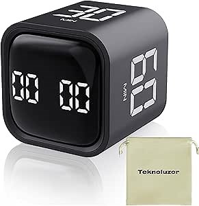 Digital Cube Pomodoro Timer Desk Rechargeable Productivity Timer 5/10/30/60min & Custom Countdown, Vibration & Adjustable Sound Alarm,for Task Work Kitchen ADHD Kids Studying (Black)