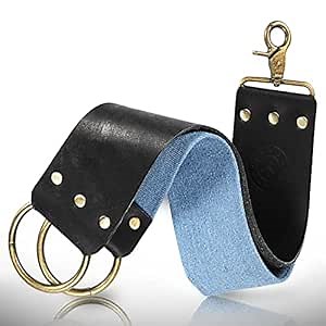 Shaving Leather Strop - Straight Razor Strop, Razor Strop With Elegant Black Leather, Riveted Brass Anchor Hooks, Blue Linen Stropping Belt For Cleaning, Knife Sharpening Strop, Keeps Your Blade Sharp