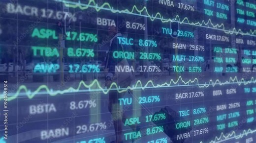 Woman walking past shop pausing to glance as market ticker scrolling on glass cycling chart pct