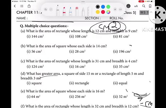Class 5, maths, Chapter 11 Area and it’s Boundary worksheet solution with explanation part 1