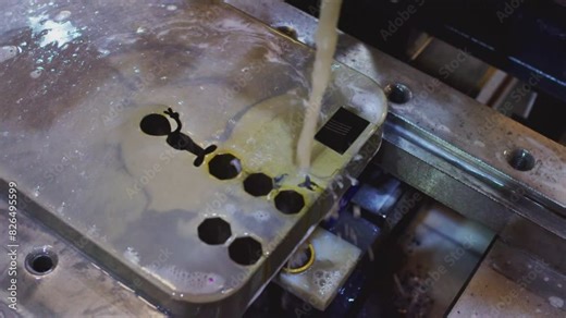 Modern metalworking. Automated programmed machine for metal processing with supply of cooling liquid. Industrial laser machine cuts out parts in sheet steel. Close-up.