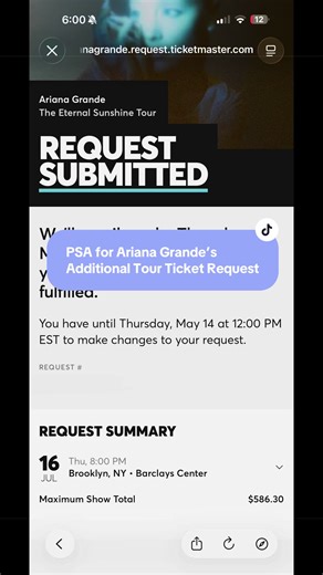 PSA for anyone requesting additional tickets for Ariana Grande’s Eternal Sunshine Tour on Ticketmaster 🎟️✨ If your checkout keeps freezing when selecting multiple dates… apparently you can only submit ONE date request at a time. I spent over an hour trying to proceed with multiple dates before realizing that’s what was causing the issue 😭 @arianagrande i wanna see you girl!! @Ticketmaster let me innn 😅 #arianagrande #ticketmaster #eternalsunshinetour #arianator #arianagrandetour