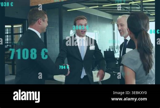 Handshake initiating intros, five business people greeting and networking, teal graphics floating. Colleagues, office, conference, glass, badges, roundtable, collaboration Stock Video Footage - Alamy