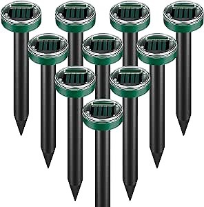 Mole Repellent Solar Powered 10 Pack, Snake Repellent Sonic Mole Deterrent Pest Control Rodent Repeller Chaser Gopher Vole Squirrel Trap, Ultrasonic Repellent Spikes Killer for Lawns, Gardens