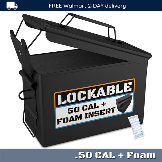 Solid Tactical 50 Cal Metal Ammo Can with Welded Locking Kit and Foam Insert - Military and Army M2A1 Metal Ammo Cans for Long Term Storage Case, Waterproof Metal Storage Box in Matte Black