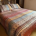 WONGS BEDDING Bohemian Quilt Set Queen Size, Boho Striped Pattern Quilts Bedspread Set for All Season, Soft Microfiber Bedding Coverlet Set 96"x90"(3 Pieces, Queen)