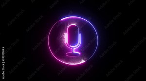 Podcast microphone mic icon animation for voice recording. Animation of the audio microphone icon. Line microphone icon made of neon.