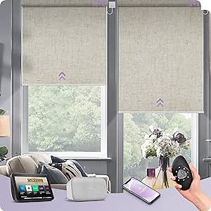 Graywind Motorized Shades 100% Blackout Compatible with Alexa Google WiFi Hardwired Smart Roller Shade Remote Control Automated Window Blinds with Valance, Customized Size (B-Linen Beige)