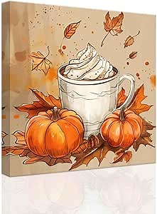 SWQYLB Fall Kitchen Wall Art Pumpkin Pictures Prints Coffee Canvas Painting Autumn Theme Decor Coffee Sign Bar Shop Dining Room Decor Framed (White, (12.00"x12.00"))