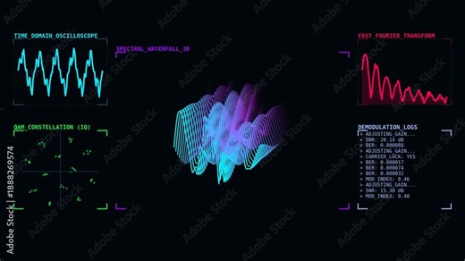 Futuristic Signal Processing Interface with Spectral Waterfall, FFT Analysis, Oscilloscope Waveform, QAM Constellation and Digital Communication HUD