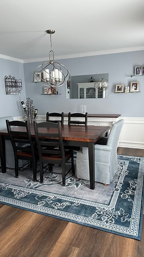 3 comments | Nothing like a dining room glow-up 懶 A fresh blue-gray paint, new shadow box detailing, a refinished china cabinet, a brand-new buffet, new end chairs, and the perfect area rug to complete the space. Cozy, classic, and so ready for hosting. ✨ | House of Lilies Interior Design Studio | Facebook