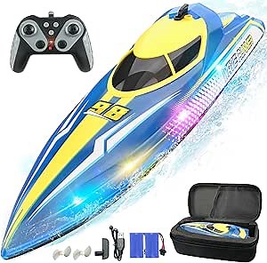 BEZGAR Remote Control Boat for Kids - 2.4GHz Fast RC Boat with LED Lights & Portable Suitcase for Pools, Lakes & Salt Water, Summer Water Toys Gifts for Boys & Girls Age 6 7 8-12 Years Old