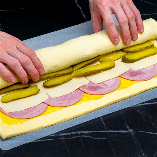 481K views · 2.8K reactions | NO ONE has yet refused this appetizer! It is eaten until the last piece Ingredients: puff pastry: 500 g (18 oz) mustard: 40 g (1.4 oz) ham: 100 g (3.5 oz) cheese: 100 g (3.5 oz) pickled cucumbers: 100 g (3.5 oz) eggs: 1 pc oil: 15 ml (0.5 fl oz) water: 500 ml (17 fl oz) | Appetizing.tv | Facebook