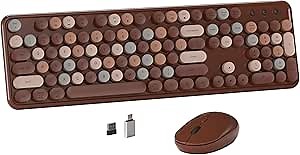 Colorful Wireless Computer Keyboard and Mouse Combo with Round Typewriter Keycaps, Retro Design, Power Switch, Ergonomic Design, 2.4GHz Wireless for Windows, Mac, PC(Coffee-Colorful)