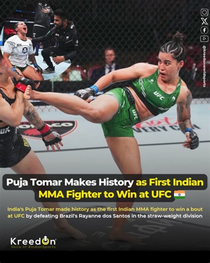 Puja Tomar makes history as the first Indian MMA fighter to win at the UFC! 🇮🇳🥋 At UFC Louisville, Tomar secured a split-decision victory over Brazil's Rayanne dos Santos in the straw-weight (52kg) division, ending with a score of 30-27, 27-30, 29-28. "This win is for all Indian fans and fighters. We are here to show the world that Indian fighters are not losers," Tomar expressed proudly. Congratulations, Puja! Your victory is a beacon of inspiration for all aspiring fighters in India! 💪✨ Pu