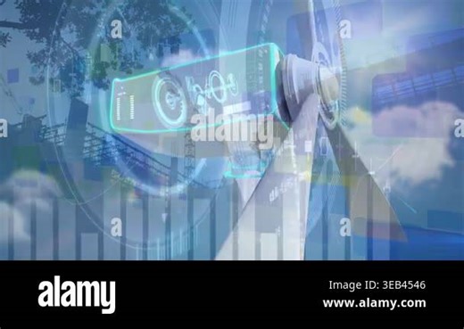 Animation of data and graphs over wind turbine moving over sky with clouds. economy, sustainability and renewable energy concept digitally generated video Stock Video Footage - Alamy