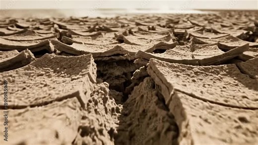 A parched, cracked earth surface with deep fissures and jagged edges, evoking a sense of arid desolation