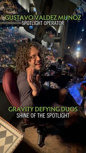Defying gravity just above the stage! 💚 Meet Gustavo and Thomas, our Gravity Defying Duo side-stage spot operators who keep the company shining bright every night. #WICKED #GravityDefyingDuo | WICKED The Musical