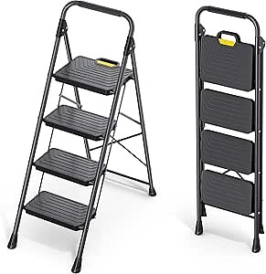 KINGRACK 4 Step Ladder, Sturdy Steel Step Stool with Anti-Slip Wide Pedals, Handrail, Safe-Lock Design, Pass 800lbs Load Testing, Folding Portable Ladder for Multi-Purpose, Home, Kitchen, Black