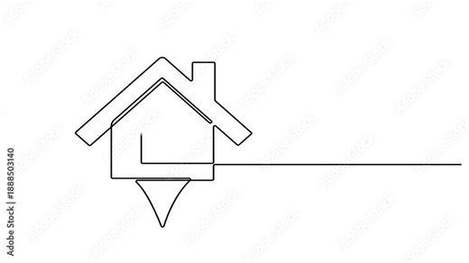 Animation of a single line drawing of a house. Continuous contour movement of a house. Continuous video with one line, Self drawing animation of modern building architecture drawn by continuous one