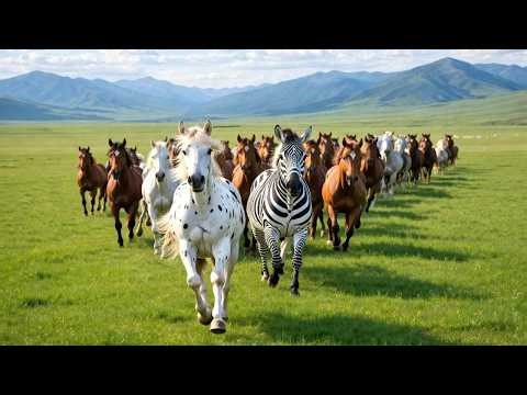Amazing! Wild horses gallop like a storm across the vast prairie - Horse neighing - Horse video