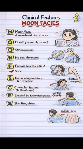 Jaspinder kaur on Instagram: "Clinical Features of Cushing Syndrome 🔹 Moon face & truncal obesity 🔹 Buffalo hump & supraclavicular fat pad 🔹 Thin limbs with muscle weakness 🔹 Purple striae, thin skin, easy bruising 🔹 Hypertension & hyperglycemia 🔹 Osteoporosis & fracture risk 🔹 Recurrent infections (immunosuppression) 🔹 Menstrual irregularities, ↓ libido 🔹 Hirsutism & acne (androgen excess) 🔹 Mood changes / depression 📌 Too much cortisol = fat redistribution, muscle loss, sugar & BP r