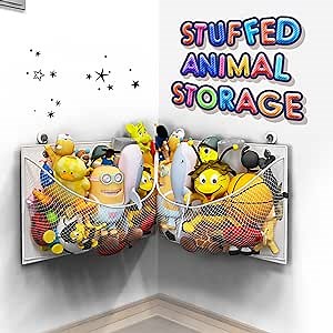 Stuffed Animal Storage Ideas, Stuffy Storage, Stuffed Animal net or Hammock, Kids Wall Corner Stuffed Animals Toy Hammock , Holder, Bear Organizer, Basket, Stuff, Zoo, Hardware Included (White)