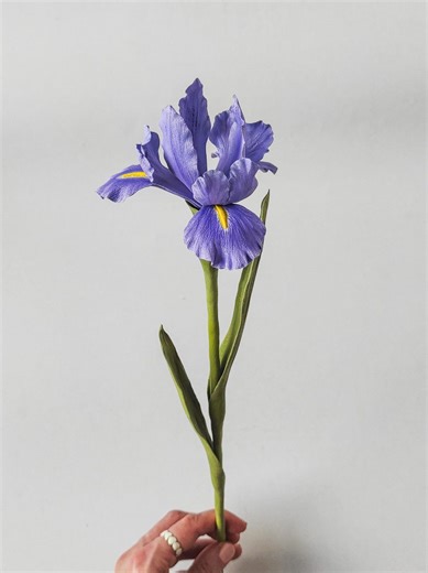 Handmade Blue Iris Clay Flower Sculpture | Realistic Botanical Desk Decor