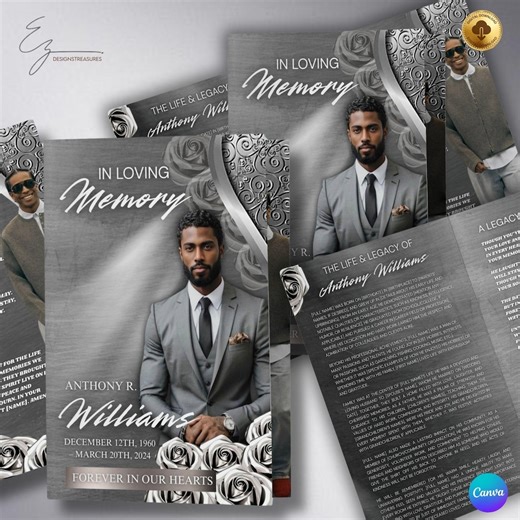 Elegant Silver Gray Funeral Program Template: 8-page Obituary (PDF Download) - Etsy