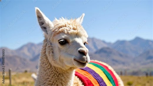 Alpaca llama face close-up against mountains, in vibrant outdoor light. Alpaca lama exhibits its soft white wool, featuring rainbow stripes across back, with mountains afar.