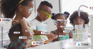 Children conducting science experiments with data and notifications animation over them