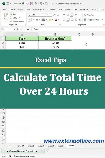 Total Hours Over 24h in Excel — The [h]:mm Trick (No Formulas)