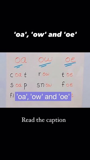 Archita | phonics and grammar coach on Instagram: "The letter combinations “oa,” “ow,” and “oe” can all represent the same long “o” sound (/oʊ/) in English. The choice of spelling often depends on the word’s position and origin. Usage Guidelines: • “oa”: Typically found in the middle of words. • Examples: “boat,” “coat,” “soap.” • “oe”: Commonly used at the end of words. • Examples: “toe,” “foe,” “hero.” • “ow”: Often appears at the end of words or syllables. • Examples: “snow,” “grow,” “show.” 