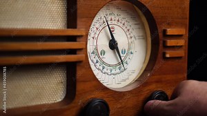 Vintage Radio From 1950s, Turning On and Searching For Station on Dial Pointer. Old Audio Device, Close Up