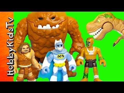 T-Rex Catapult Caveman! Batman vs Dinosaur Toy Review HobbyKidsTV
