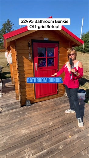 Check out this off-grid bathroom setup that runs off of solar! #logcabin #offgrid #solar #bunkie #bathroom | Bunkie Life