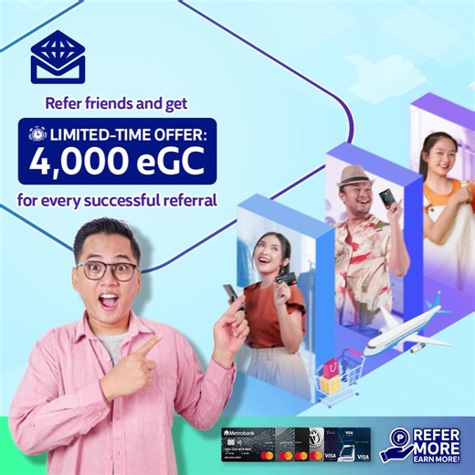 🚨FLASH DEAL ALERT! Get 2X the rewards! ​ Invite your family and friends to apply for their first Metrobank Credit Card and get a 4,000 eGC for every successful referral. ​ 📅 Promo runs from July 1 to 31, 2025. Terms & conditions apply.​ 🔗 Visit https://mbcpc.co/CCEMGM2025 to learn more. Per DTI Fair Trade Permit No. FTEB-229080, Series of 2025. CCPD25-026.​ 📞 For inquiries, please call our Metrobank Contact Center at (02)88-700-700 (domestic toll-free 1-800-1888-5775) or send an email to cus