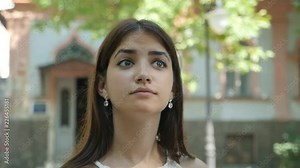 Wonderful view of a romantic brunette woman with deep big eyes looking up and around in a street withold buildings in summer in slo-mo
