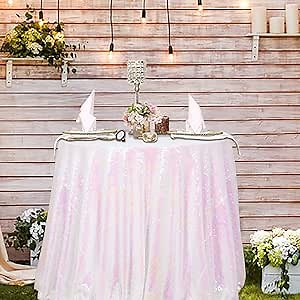 AMZLOKAE Sequin Tablecloth Round 72 Inch Iridescent White Glitter Table Cloths for Parties Dessert Tablecloth Round Sparkle Table Cover for Dining Room Wedding Tablecloth Thanksgiving Decor
