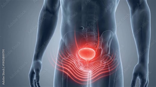 Medical animation showing a man suffering from bladder pain, cystitis, or a urinary tract infection, with red waves indicating inflammation, discomfort, disease, and health problems