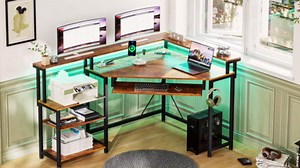 SEDETA Corner Desk, Small Computer Desk with Power Outlets, Gaming Desk with LED Lights, Home Office Desk with Storage for Small Space, White