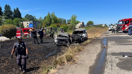 Chase of armed carjacking suspect ends in fiery crash on I-5 in Tacoma