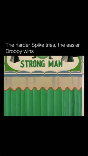 Explaining Cartoons on Instagram: "Follow me👉@explainingcartoons Daredevil Droopy (1951) is built around the eternal contrast between noise and calm, with Spike constantly trying to prove himself through speed, strength, and sheer bravado. Early on, Spike puts on a muscular display, boasting his power and attempting to hoist a massive 1,000-pound weight, veins bulging as the desert seems to hold its breath. He fails spectacularly, collapsing under the effort—only for Droopy to wander over and l